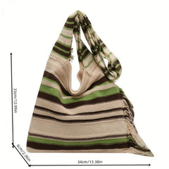 Stripes Shoulder Bag Literary Fringe Crochet Bag Large Knitted Crossbody Bag