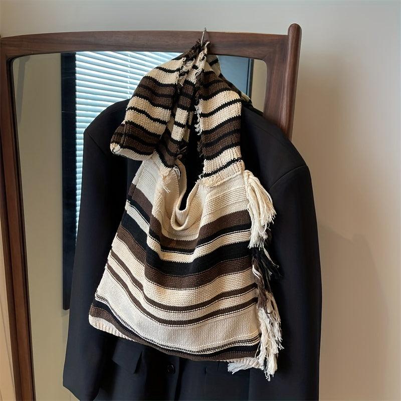 Stripes Shoulder Bag Literary Fringe Crochet Bag Large Knitted Crossbody Bag