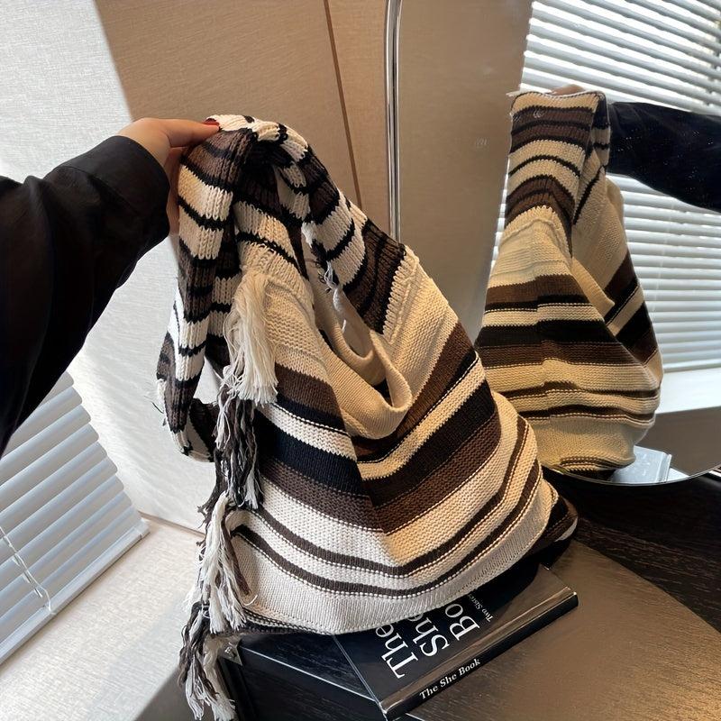 Stripes Shoulder Bag Literary Fringe Crochet Bag Large Knitted Crossbody Bag