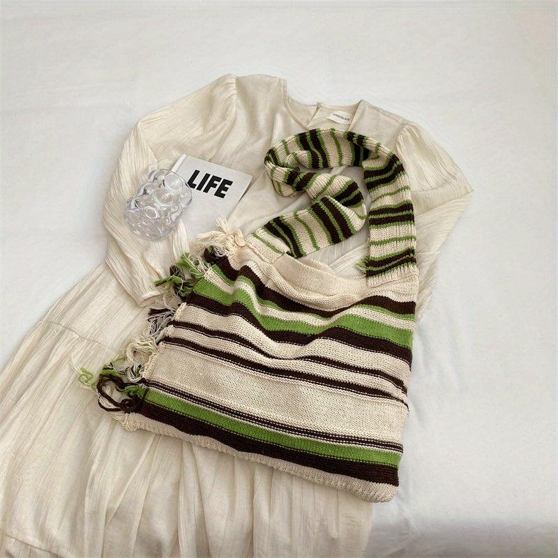 Stripes Shoulder Bag Literary Fringe Crochet Bag Large Knitted Crossbody Bag