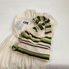 Stripes Shoulder Bag Literary Fringe Crochet Bag Large Knitted Crossbody Bag