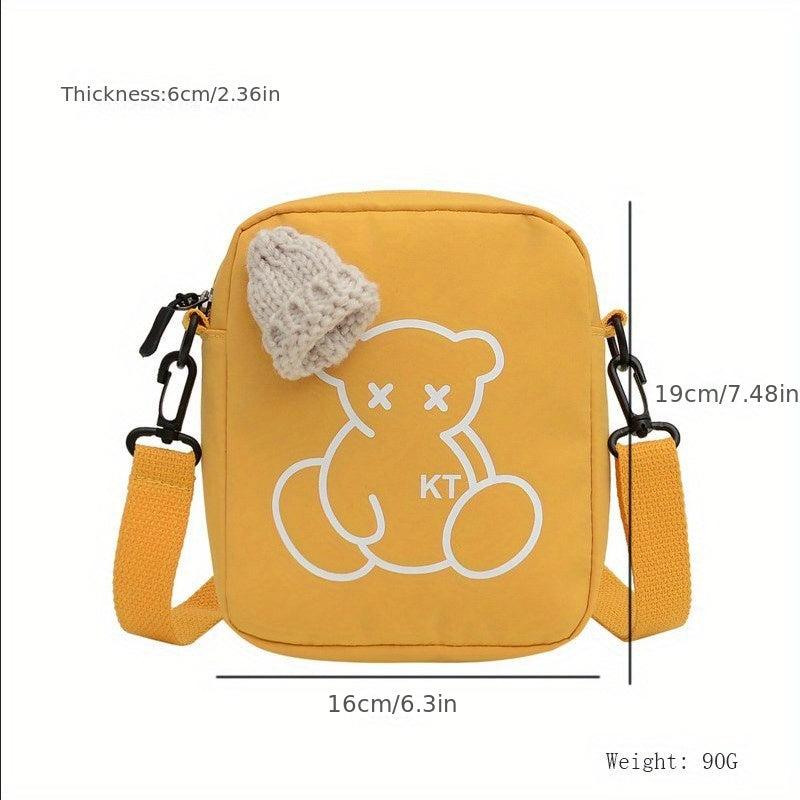 Mini Cartoon Bear Print Shoulder Bag Knitted Hat Decor Zipper Crossbody Bag