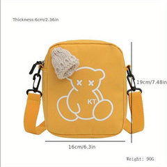 Mini Cartoon Bear Print Shoulder Bag Knitted Hat Decor Zipper Crossbody Bag