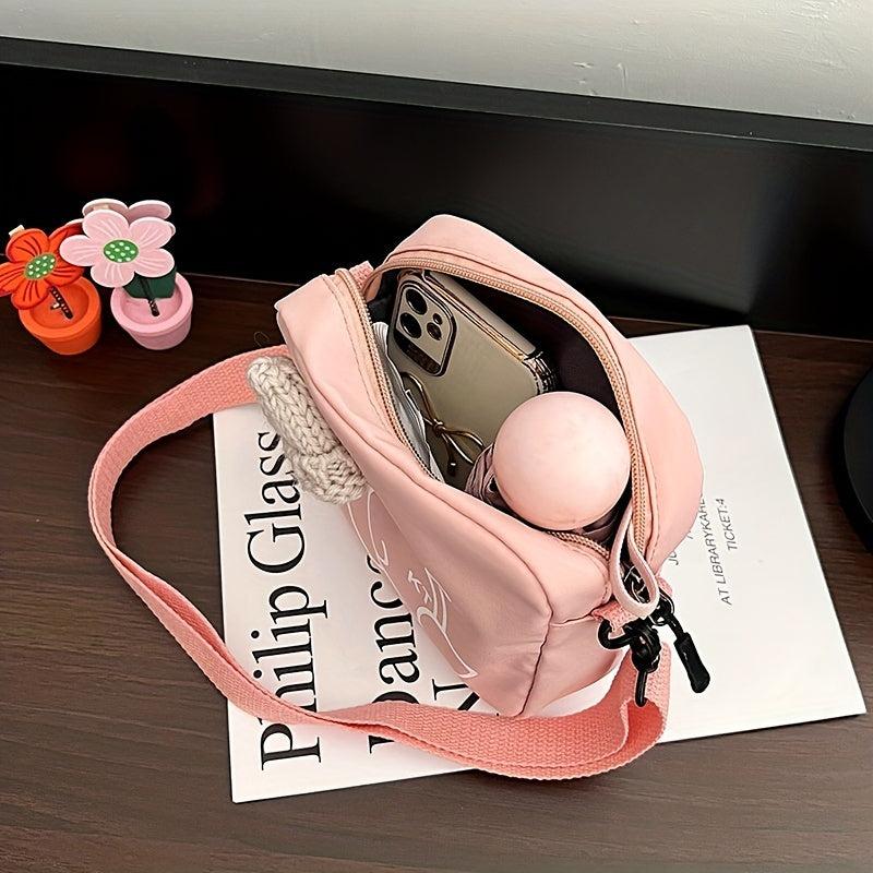 Mini Cartoon Bear Print Shoulder Bag Knitted Hat Decor Zipper Crossbody Bag