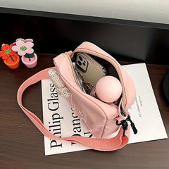 Mini Cartoon Bear Print Shoulder Bag Knitted Hat Decor Zipper Crossbody Bag