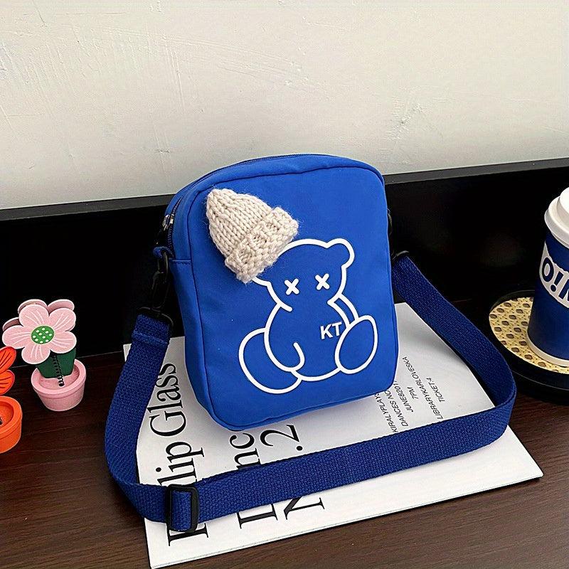 Mini Cartoon Bear Print Shoulder Bag Knitted Hat Decor Zipper Crossbody Bag