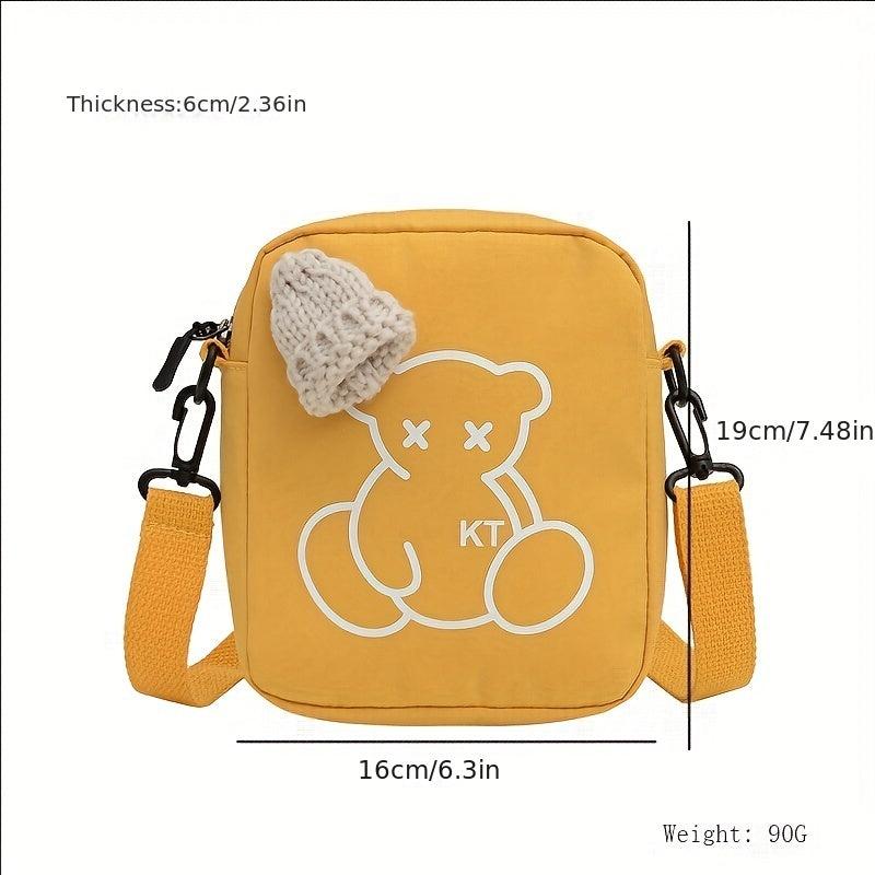 Mini Cartoon Bear Print Shoulder Bag Knitted Hat Decor Zipper Crossbody Bag