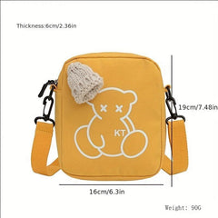 Mini Cartoon Bear Print Shoulder Bag Knitted Hat Decor Zipper Crossbody Bag