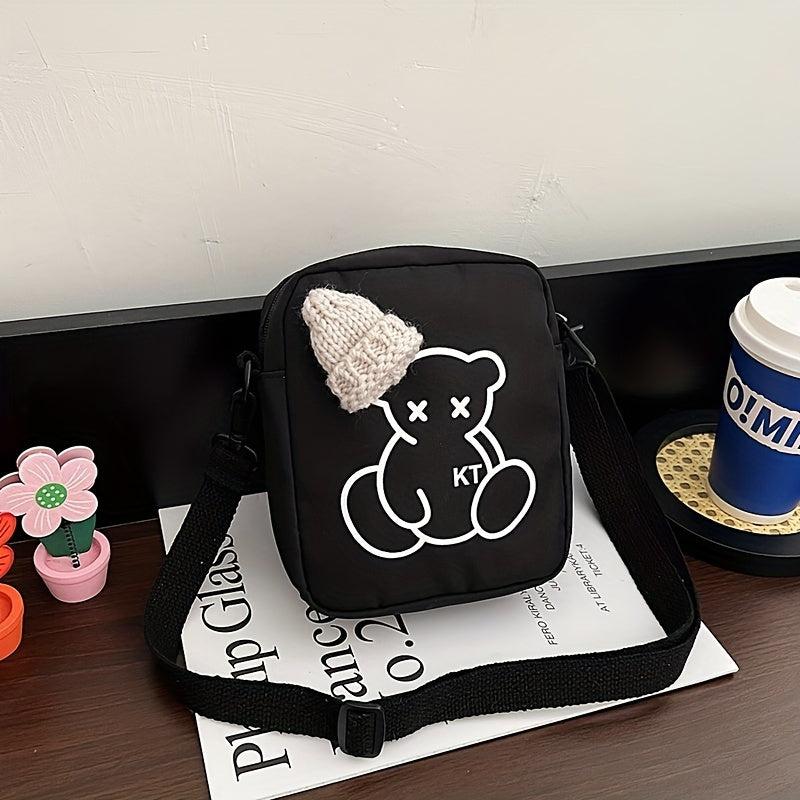 Mini Cartoon Bear Print Shoulder Bag Knitted Hat Decor Zipper Crossbody Bag