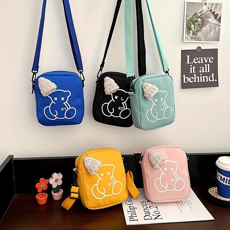 Mini Cartoon Bear Print Shoulder Bag Knitted Hat Decor Zipper Crossbody Bag