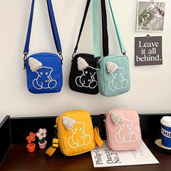 Mini Cartoon Bear Print Shoulder Bag Knitted Hat Decor Zipper Crossbody Bag