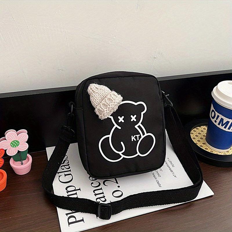 Mini Cartoon Bear Print Shoulder Bag Knitted Hat Decor Zipper Crossbody Bag