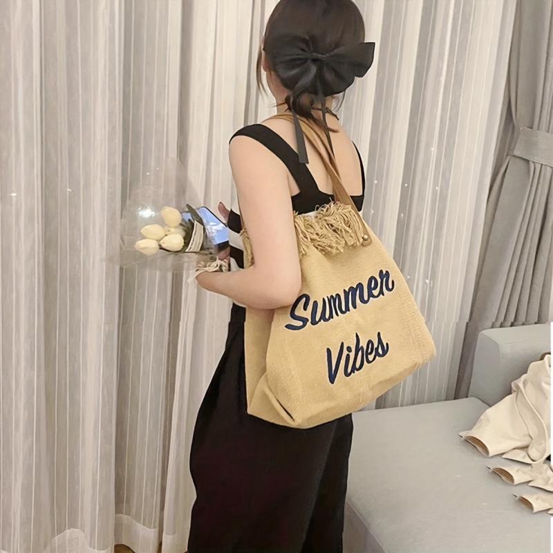 Large Capacity Tassel Canvas Tote Bag Lightweight Shoulder Hobo Bag