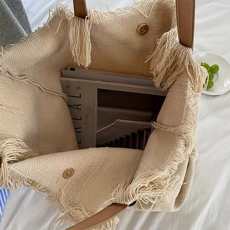 Large Capacity Tassel Canvas Tote Bag Lightweight Shoulder Hobo Bag