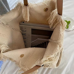 Large Capacity Tassel Canvas Tote Bag Lightweight Shoulder Hobo Bag