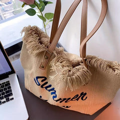 Large Capacity Tassel Canvas Tote Bag Lightweight Shoulder Hobo Bag