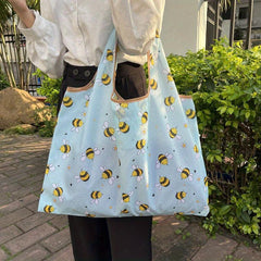 Yellow Bee Print Nylon Tote Bag Reusable Shoulder Bag