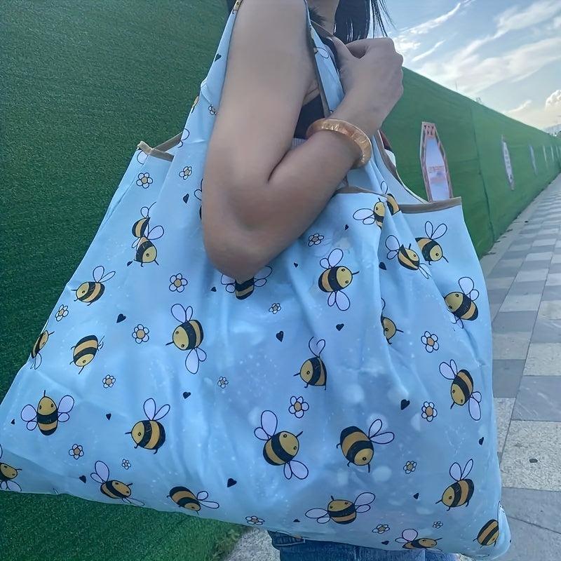 Yellow Bee Print Nylon Tote Bag Reusable Shoulder Bag