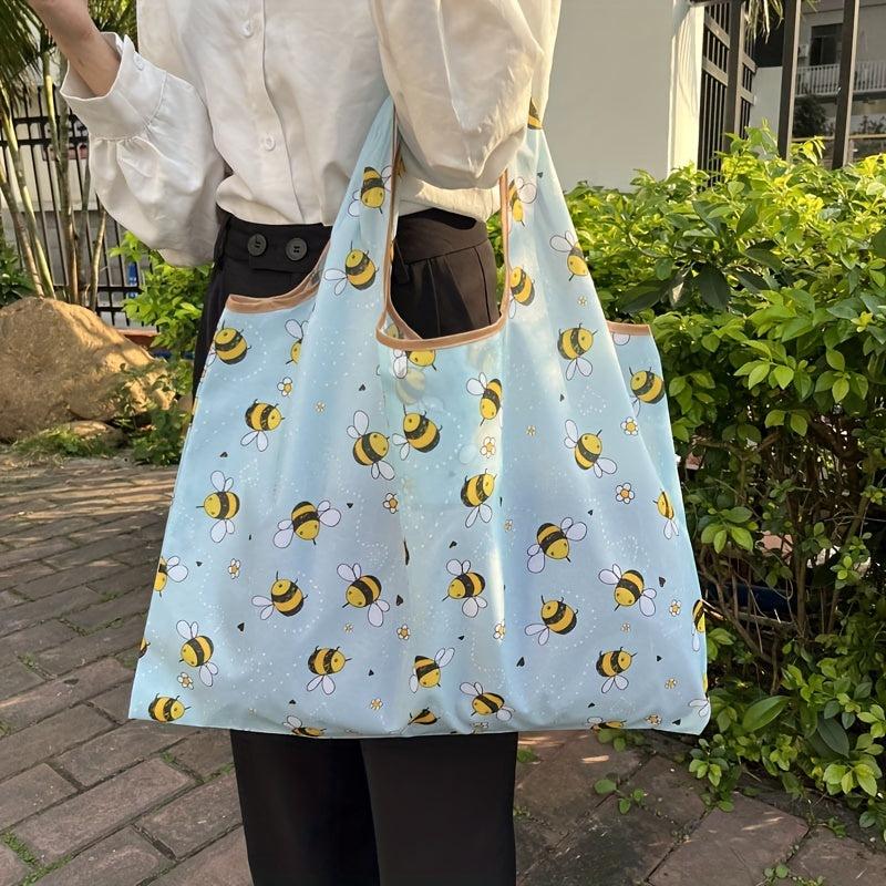 Yellow Bee Print Nylon Tote Bag Reusable Shoulder Bag