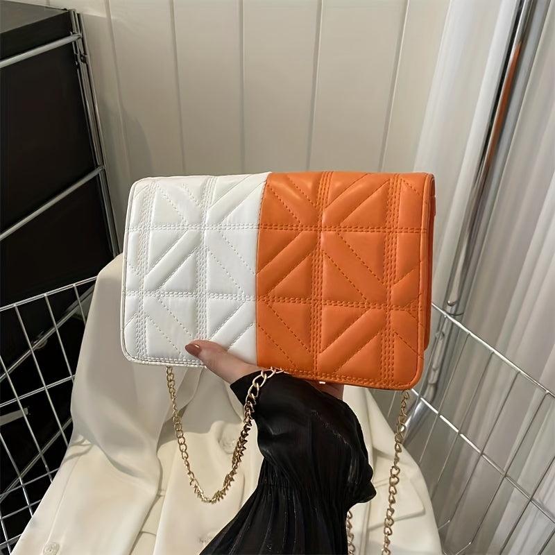 Colorblock Quilted Square Bag Stylish Flap Chain Shoulder Bag