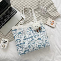 Cartoon Anime Graffiti Print Tote Bag Canvas Handbag Large Capacity Shoulder Bag