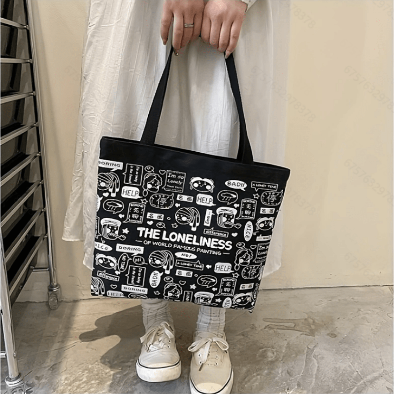 Cartoon Anime Graffiti Print Tote Bag Canvas Handbag Large Capacity Shoulder Bag