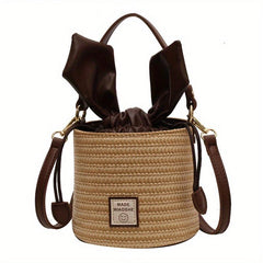 Straw Woven Bucket Bag Portable Top Handle Handbag