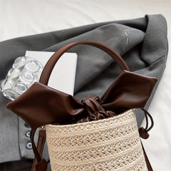 Straw Woven Bucket Bag Portable Top Handle Handbag