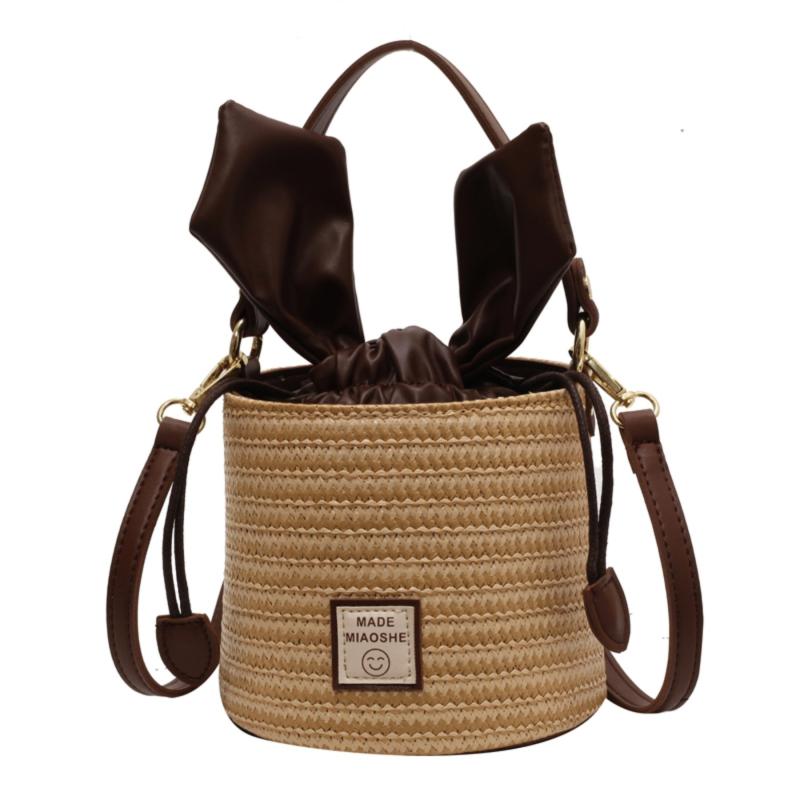 Straw Woven Bucket Bag Portable Top Handle Handbag