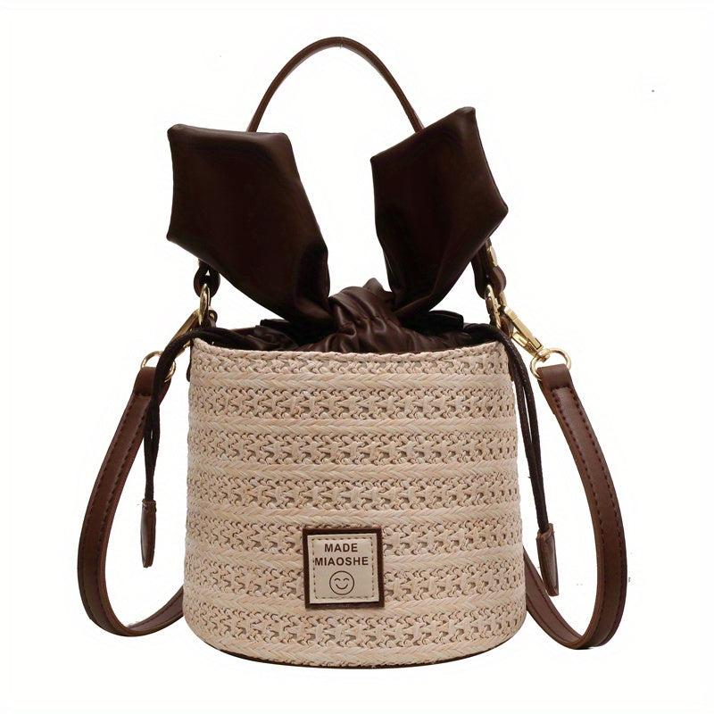 Straw Woven Bucket Bag Portable Top Handle Handbag