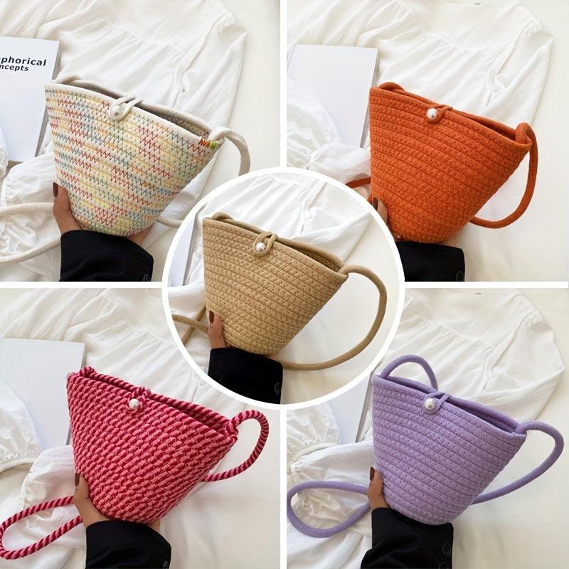 Braided Beach Bag Small Crossbody With Faux Pearl
