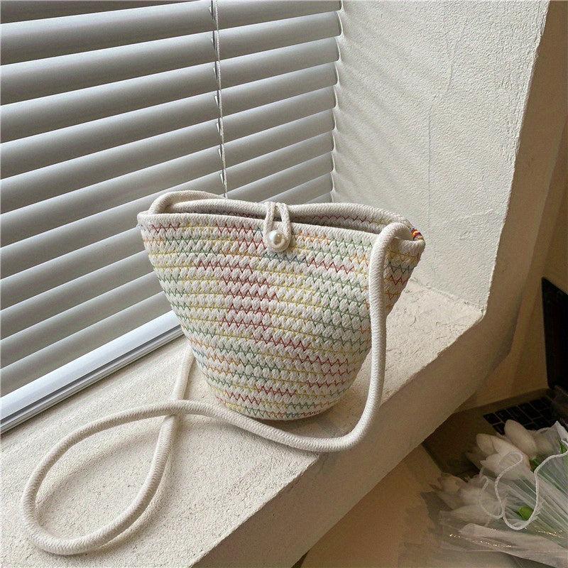Braided Beach Bag Small Crossbody With Faux Pearl