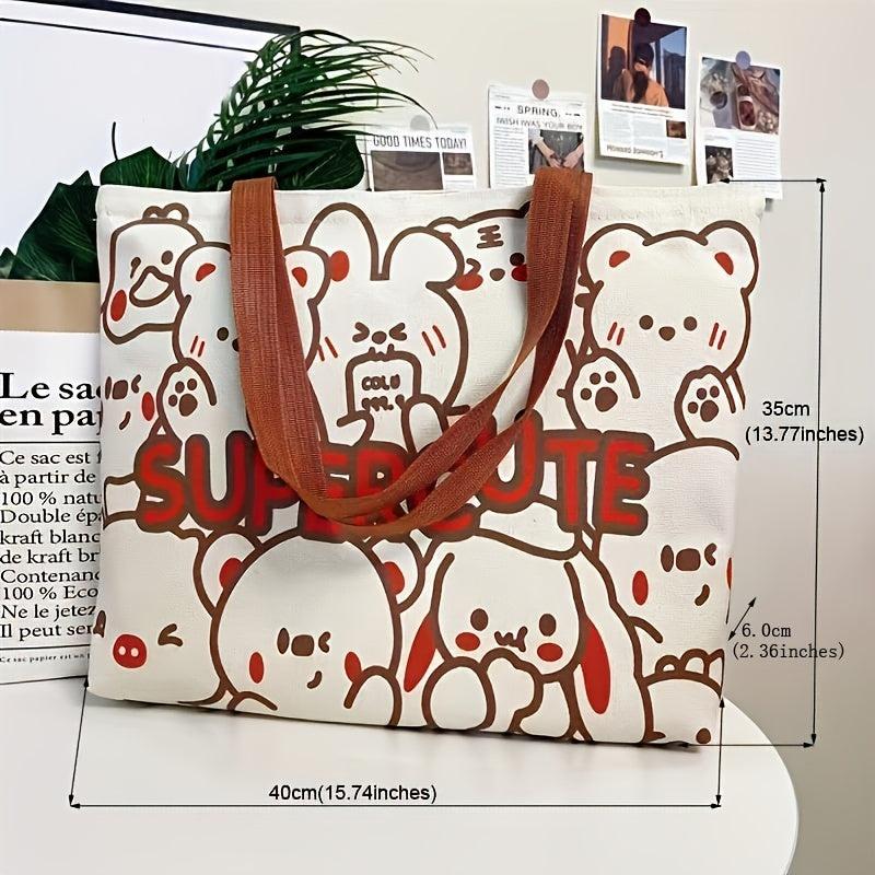 Cartoon Bear Print Shoulder Bag Canvas Tote Bag Handbag For Shopping