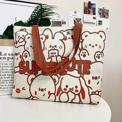 Cartoon Bear Print Shoulder Bag Canvas Tote Bag Handbag For Shopping