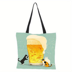 Cartoon Cat Pattern Shoulder Bag Canvas Handbag Versatile Shopper Bag
