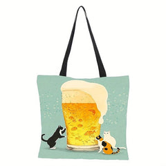 Cartoon Cat Pattern Shoulder Bag Canvas Handbag Versatile Shopper Bag