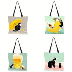 Cartoon Cat Pattern Shoulder Bag Canvas Handbag Versatile Shopper Bag