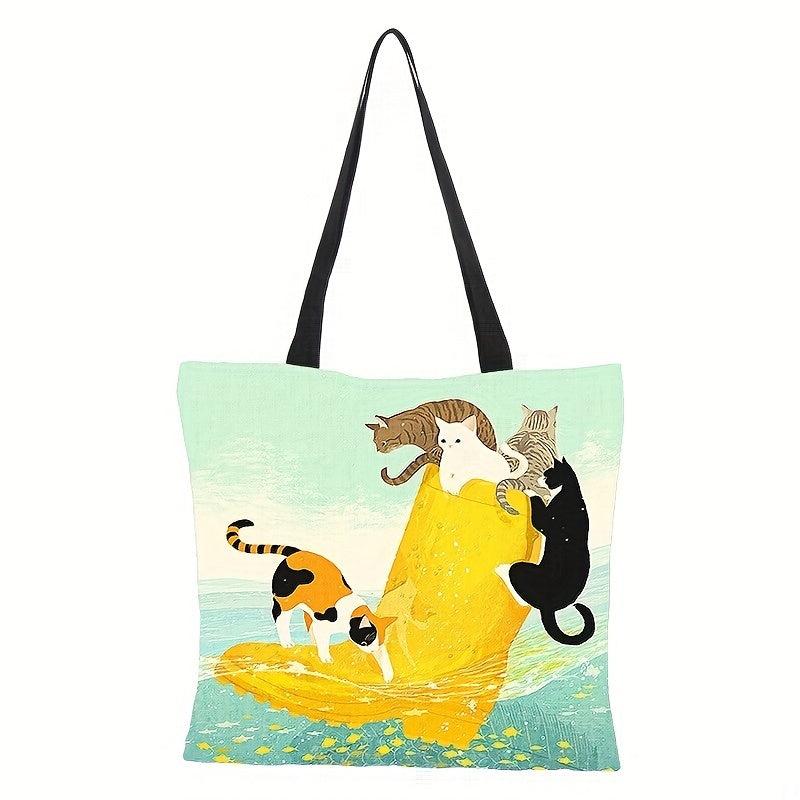 Cartoon Cat Pattern Shoulder Bag Canvas Handbag Versatile Shopper Bag