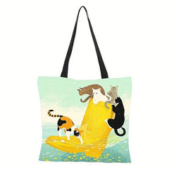 Cartoon Cat Pattern Shoulder Bag Canvas Handbag Versatile Shopper Bag