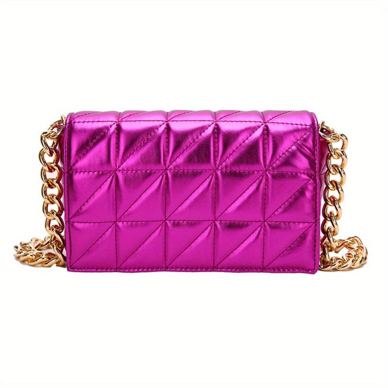 Quilted Solid Shoulder Bag Chain Strap Crossbody Bag Metallic Y2k Retro Flap Bag