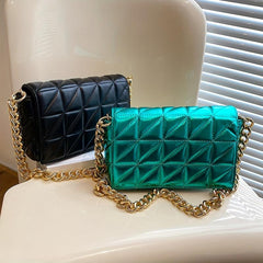 Quilted Solid Shoulder Bag Chain Strap Crossbody Bag Metallic Y2k Retro Flap Bag