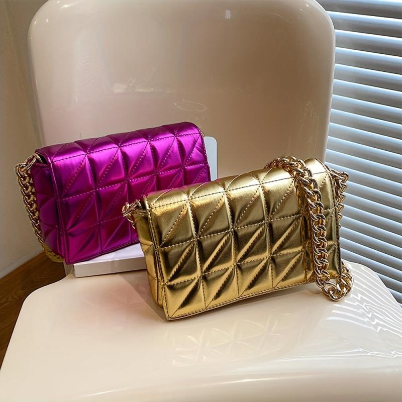 Quilted Solid Shoulder Bag Chain Strap Crossbody Bag Metallic Y2k Retro Flap Bag