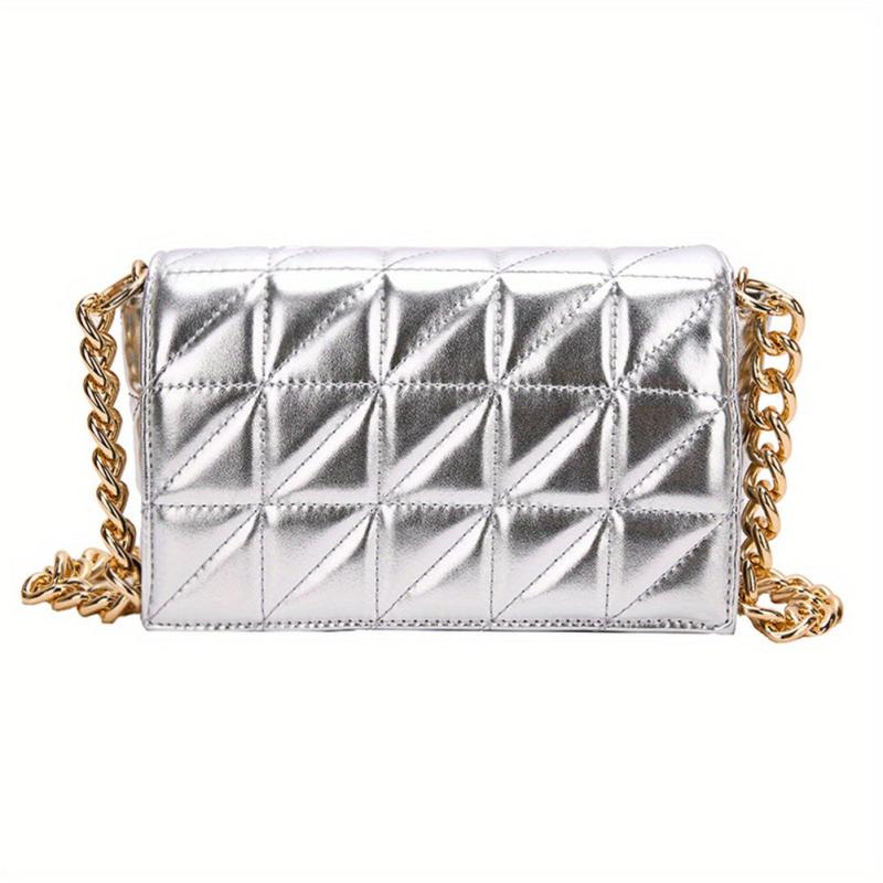 Quilted Solid Shoulder Bag Chain Strap Crossbody Bag Metallic Y2k Retro Flap Bag