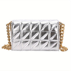 Quilted Solid Shoulder Bag Chain Strap Crossbody Bag Metallic Y2k Retro Flap Bag