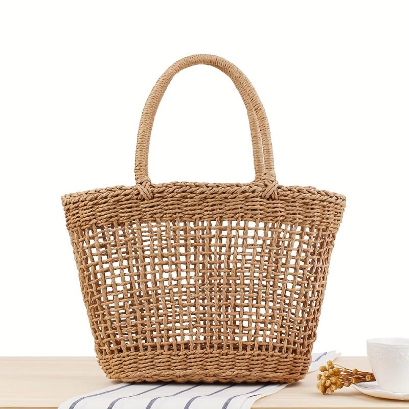 Hollow Straw Satchel Bag Woven Handbag Minimalist Vacation Storage