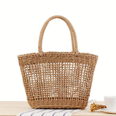 Hollow Straw Satchel Bag Woven Handbag Minimalist Vacation Storage