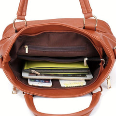 Solid Zipper Shoulder Bag Top Handle Handbag Faux Leather Crossbody
