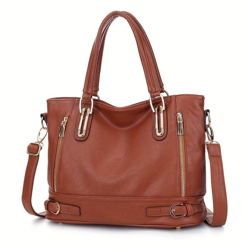 Solid Zipper Shoulder Bag Top Handle Handbag Faux Leather Crossbody