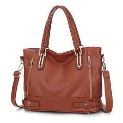 Solid Zipper Shoulder Bag Top Handle Handbag Faux Leather Crossbody