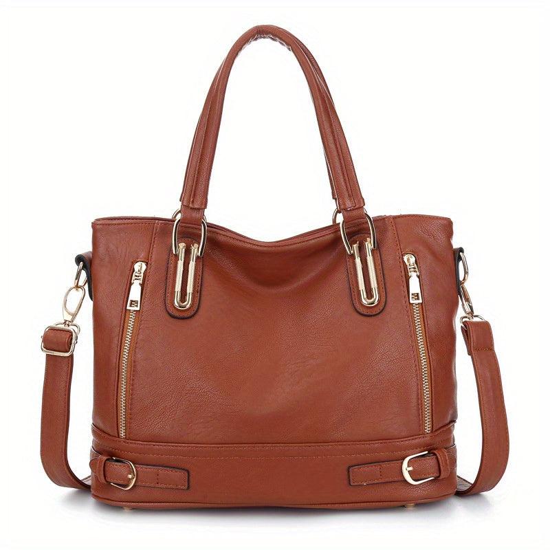 Solid Zipper Shoulder Bag Top Handle Handbag Faux Leather Crossbody